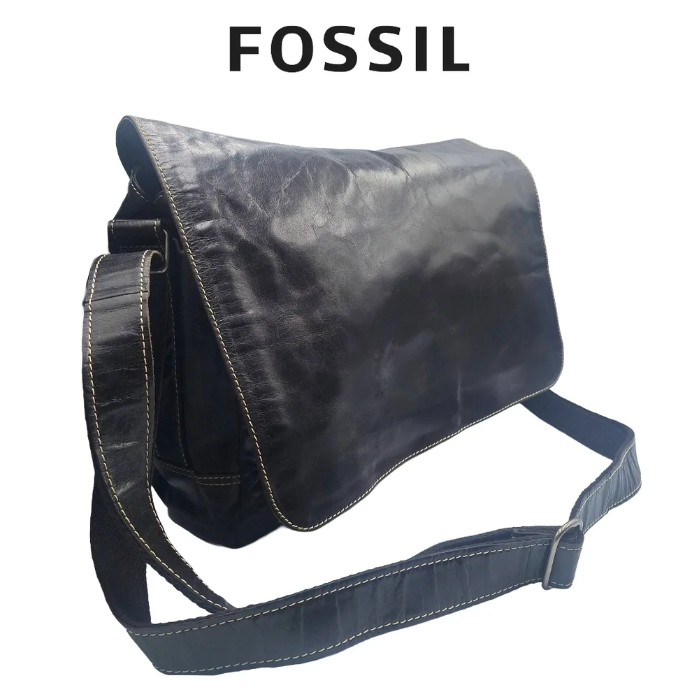 Vintage Unisex Fossil Brown Leather Laptop Messenger Bag - Picture 1 of 12